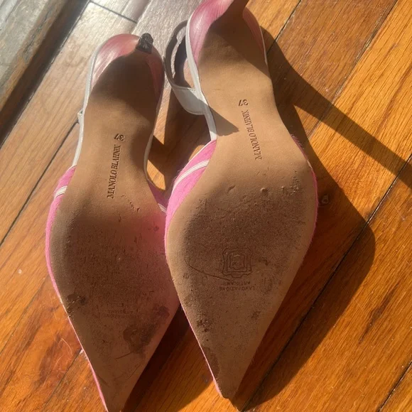 Manolo Blahnik Pink Pony Hair Slingback Heels Size 37 Kitten Heel - Picture 11 of 16